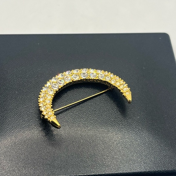 Swarovski gold tone clear rhinestone crescent moon brooch pin